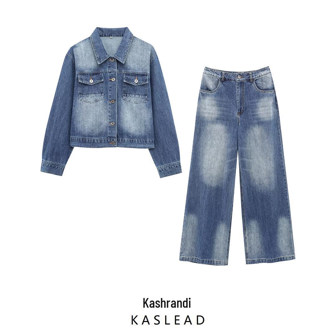 

2025 Spring Women s Fashion Denim Jacket and Straight-Leg Pants Set XS