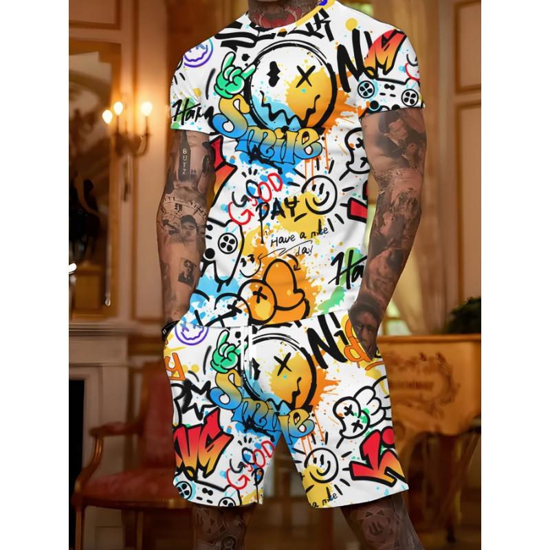 Trendy men s suit short-sleeved T-shirt + casual shorts two-piece summer slim and fashionable men s two-piece set S
