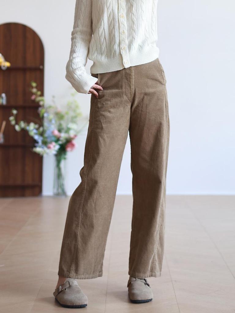 Nordic Retro High-Waist Corduroy Scimitar Pants - 100% Cotton, Canelé Style, Straight Leg, Long.