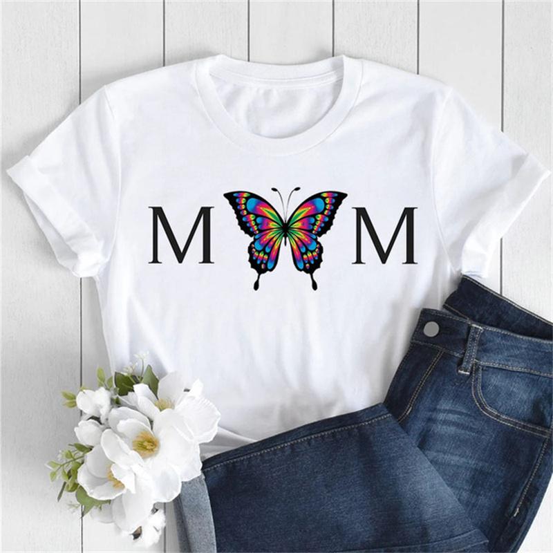 Nové dámské tričko Módní MÁMA Motýl Květinový potisk Tričko Ležérní topy s krátkým rukávem Tričko Dámská trička 90. léta Dámské tričko
