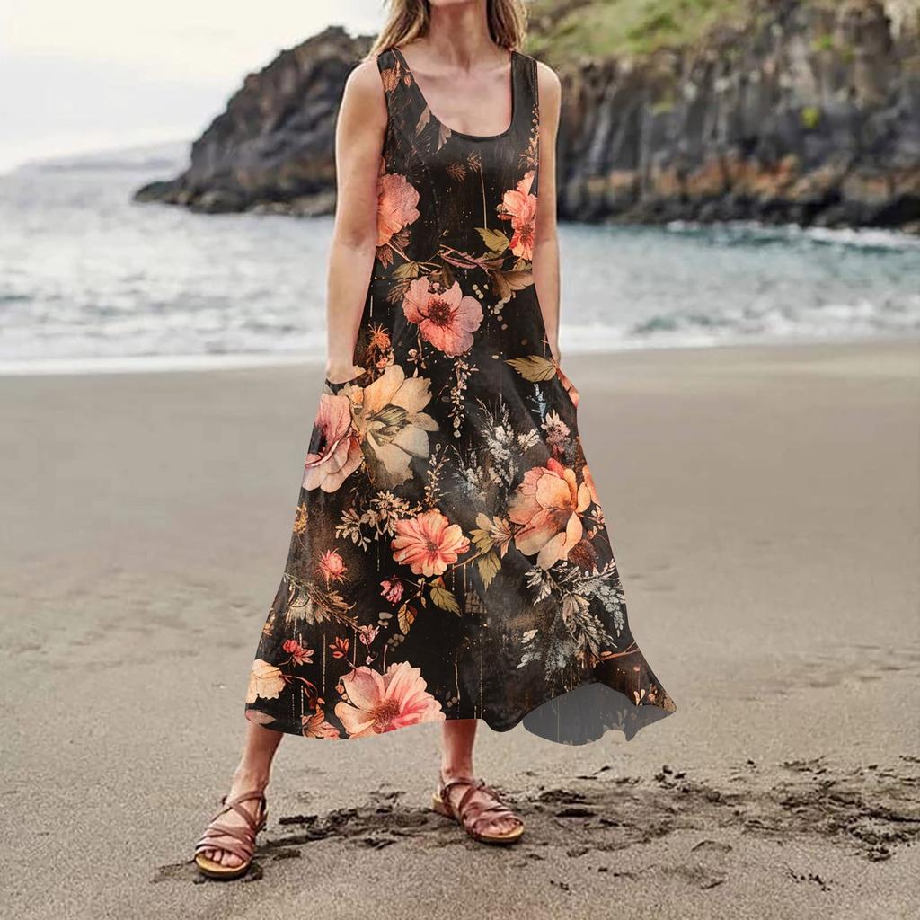 Women's Casual Comfortable Floral Print Sleeveless Cotton Pocket Dress