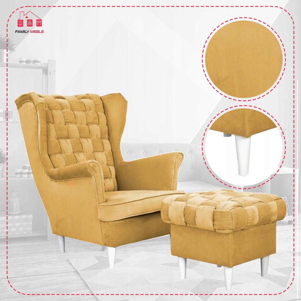 Carol Wing Chair with Footrest Scandinavian Family Meble Yellow Honey