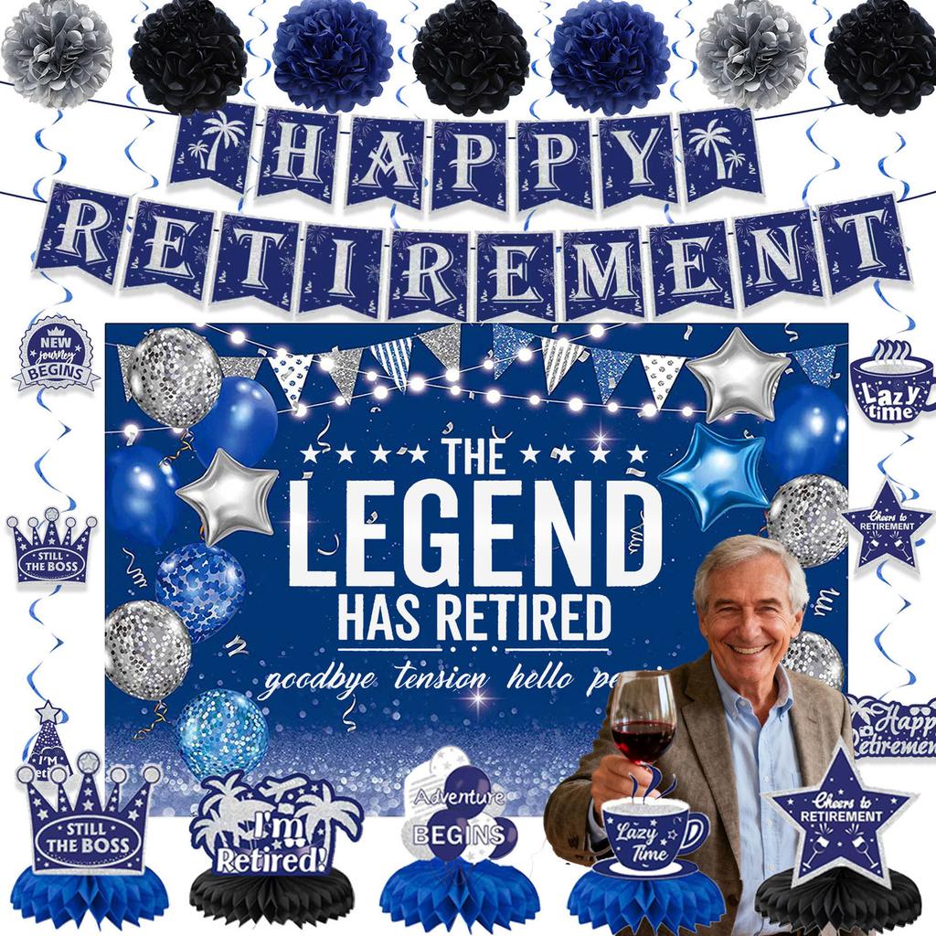 Blue Retirement Party Supplies Decoration Flag Set Blue Retirement Paper Flower Ball Background Arrangement