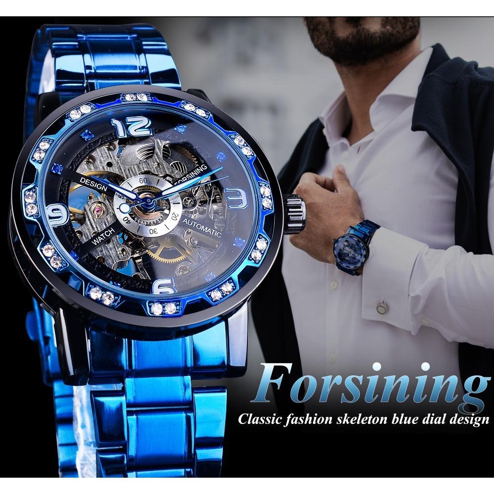 Forsining Montre Homme Mode Décontractée Classique Populaire Creuse Strass Manuelle Mécanique S1201-15-A