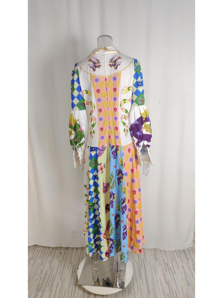 2025 European & American Women's Lantern Sleeve Print Turn-Down Collar Waist-Gathering Long Swing Spring Dress