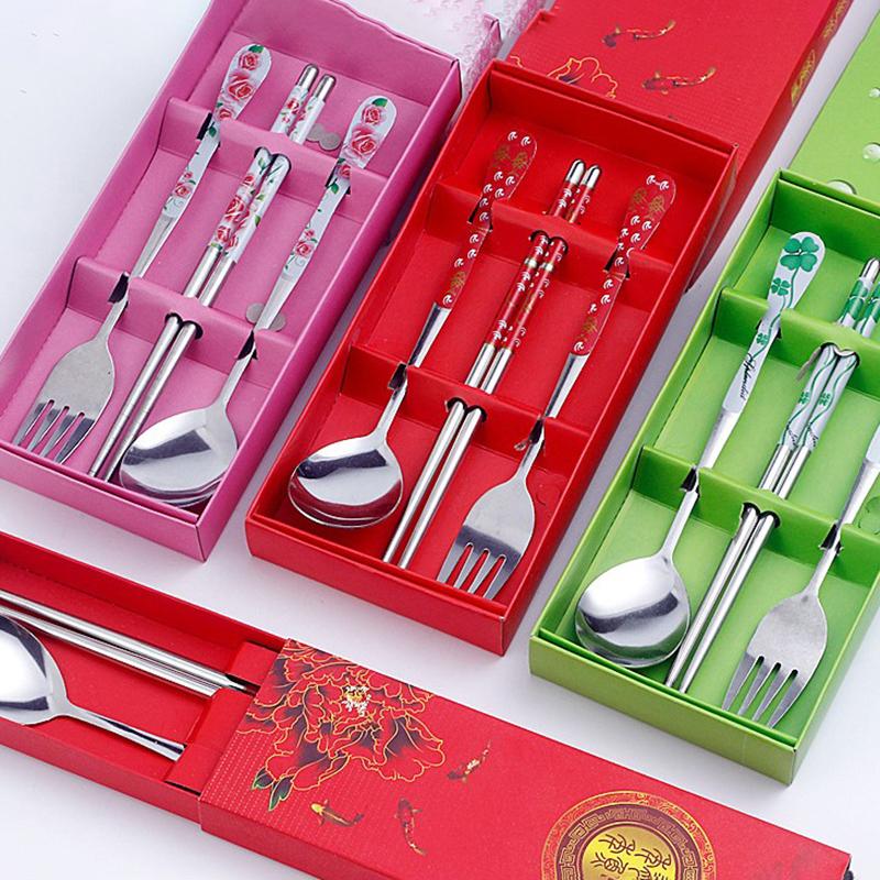 3Pc Set Of Blue And White Porcelain Tableware Stainless Steel Chopsticks Spoon Fork Gift Box Portable Travel Tableware Set