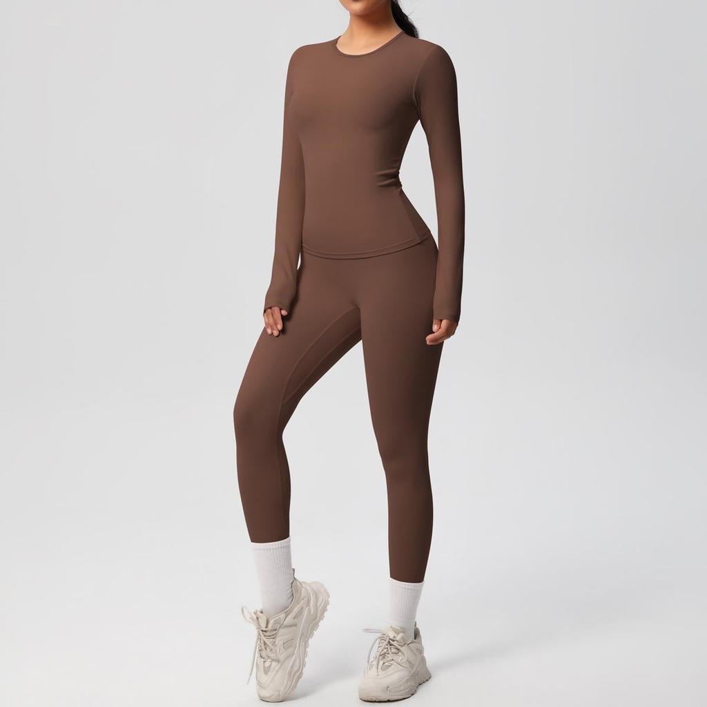 Dual-Sided Solid Color Long-Sleeve Yoga and Running Set - Two-Piece Fitness Outfit