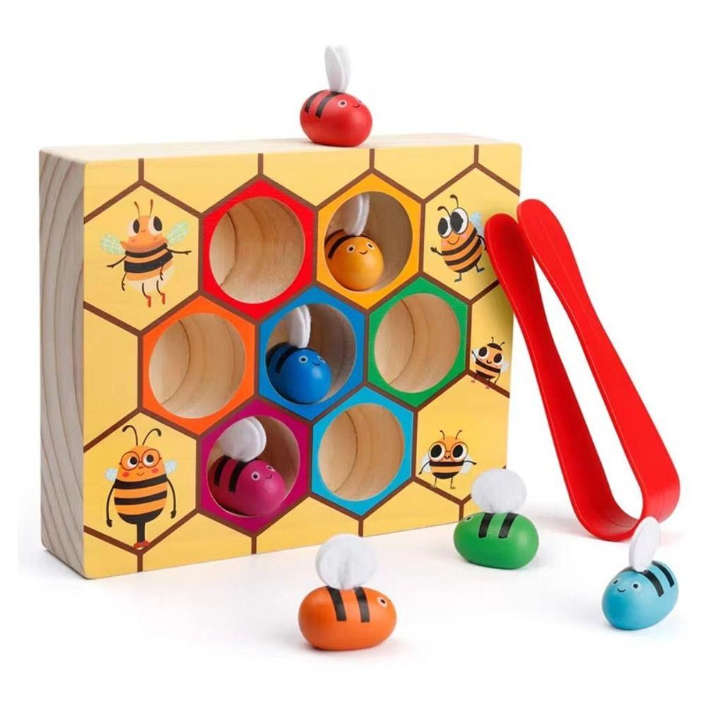 Wooden Early Education Beehive Game Montessori Clamp Bee To Hive Toy  Color Cognition