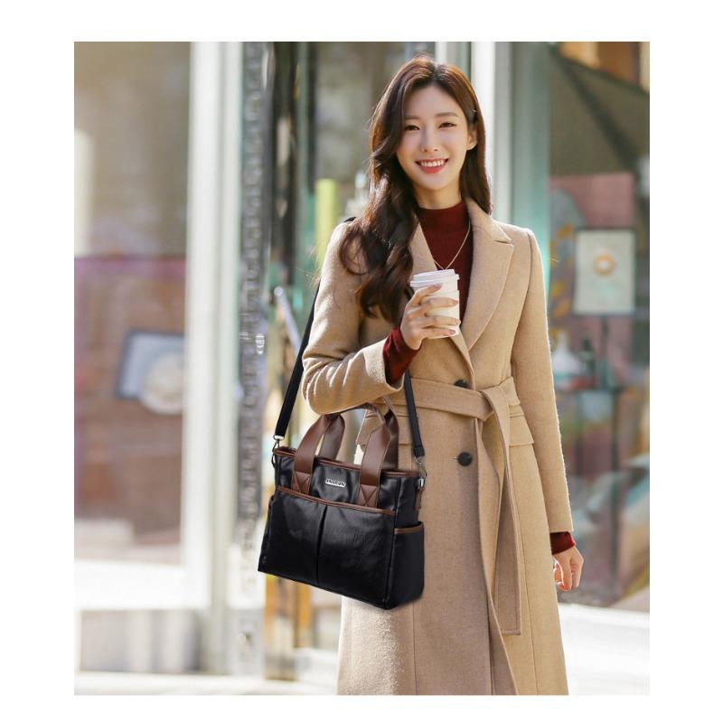 Soft Leather Texture Messenger Bag Women New Euro-American Vintage Color-Block Shoulder Crossbody Bag Elegant Versatile Travel Mom Bag
