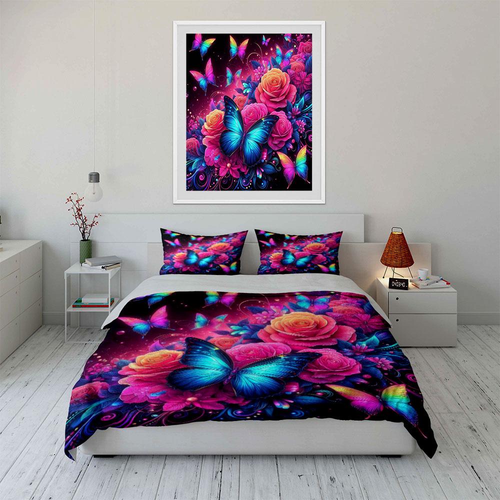 Colorful Butterflies and Roses Bedding Duvet Cover Set Duvet Cover Pillowcases (1 * Duvet Cover 2 * Pillowcases, without duvet insert)