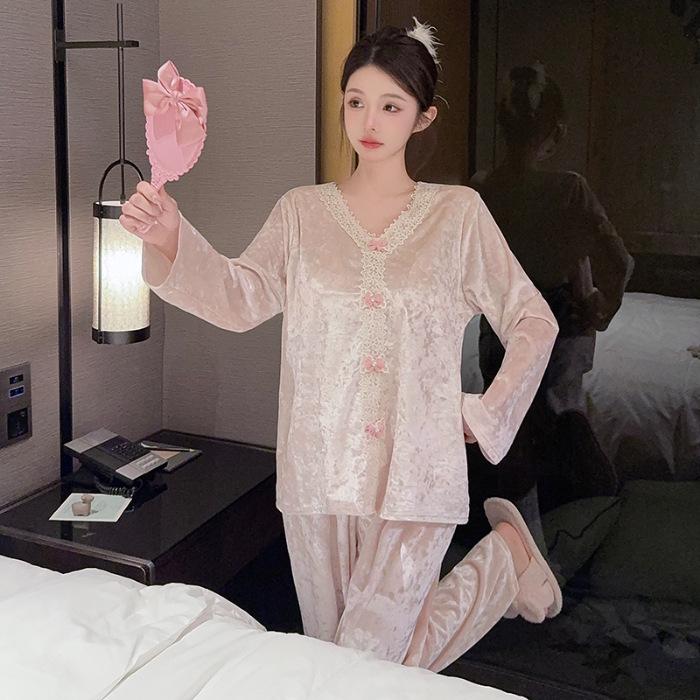 Luxurious Women's Long-Sleeve Gold Velvet Pajama Set