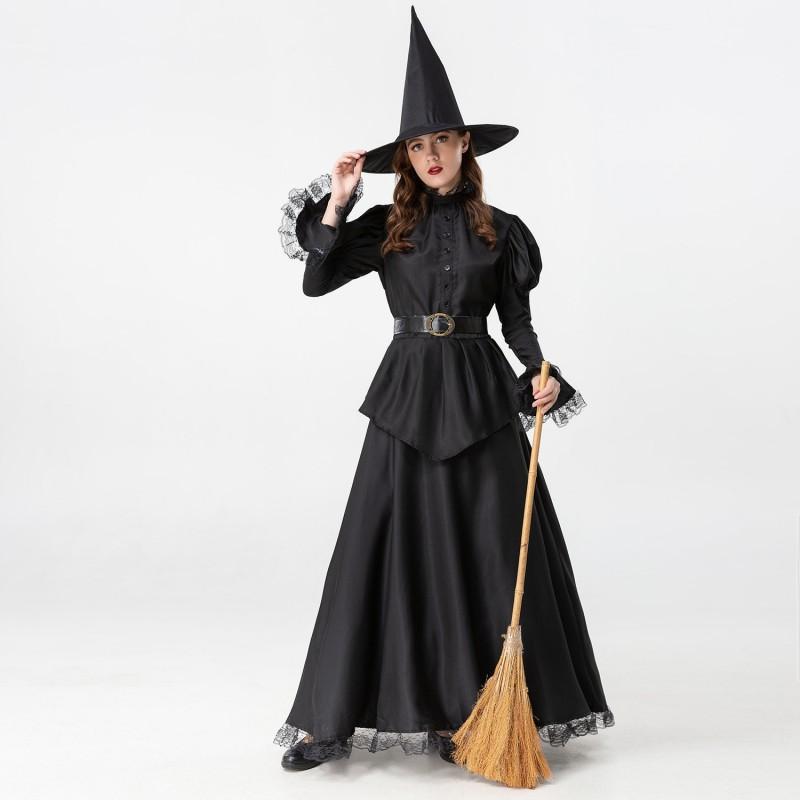 Womens Halloween Costume Set Black Witch Cosplay Outfit Dress Hat Belt Party Stage Role Play