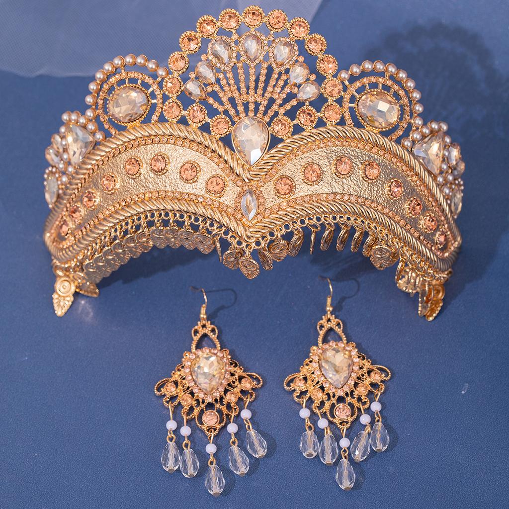European and American Luxury Bridal Rhinestone Crown Tiara Light Luxury Exotic Tassel Photography Crown Earrings Set Studio Accessories
