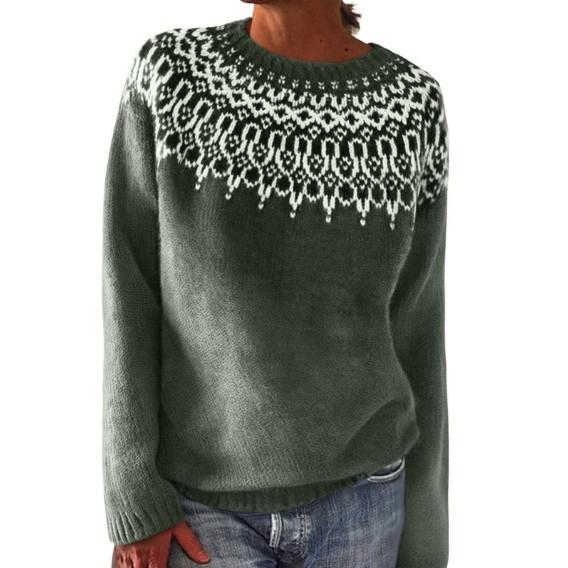 Women Geometric Pattern Knit Sweater Long Sleeve Casual Crewneck Pullover