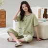 New pajamas women's summer short-sleeved cropped pants two-piece set plus size crew neck cardigan floral loungewear