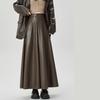 Women's PU Leather Skirt Autumn Winter Collection Pleated Mid-Length Umbrella Skirt High-Waisted A-Line Maxi Skirt