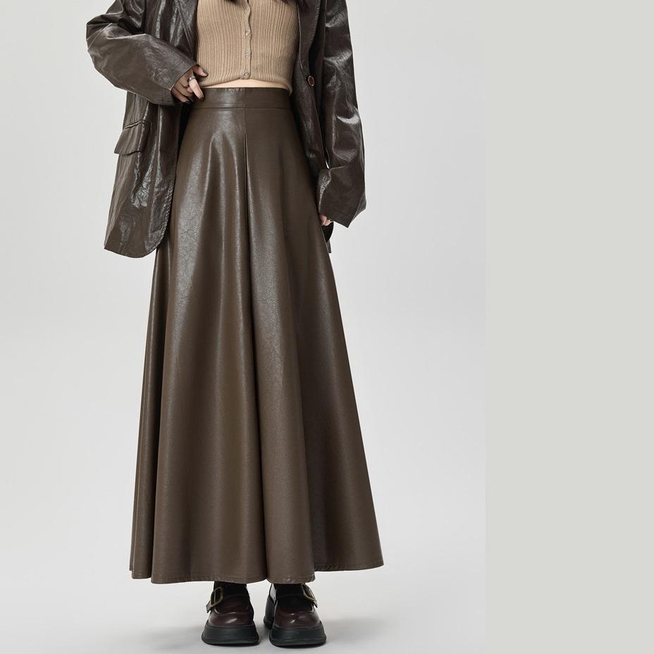 Women's PU Leather Skirt Autumn Winter Collection Pleated Mid-Length Umbrella Skirt High-Waisted A-Line Maxi Skirt