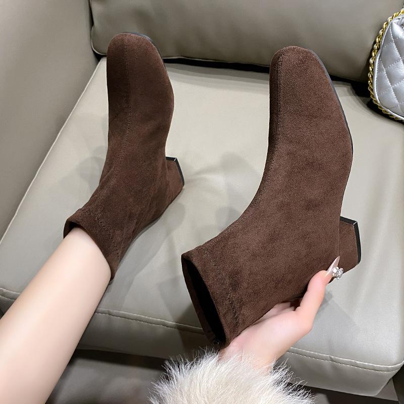 Brown Short Boots Women's High Heels Autumn and Winter New Suede Rear Zipper French Small Ankle Boots Thick Heel Elastic Square Head Thin Boots