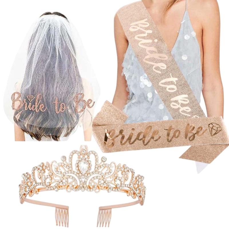 Bridal Veil Sash Crowns Set Handmade Jewelry Accessories for Wedding and Bachelorette Party Bride To Be Decoration