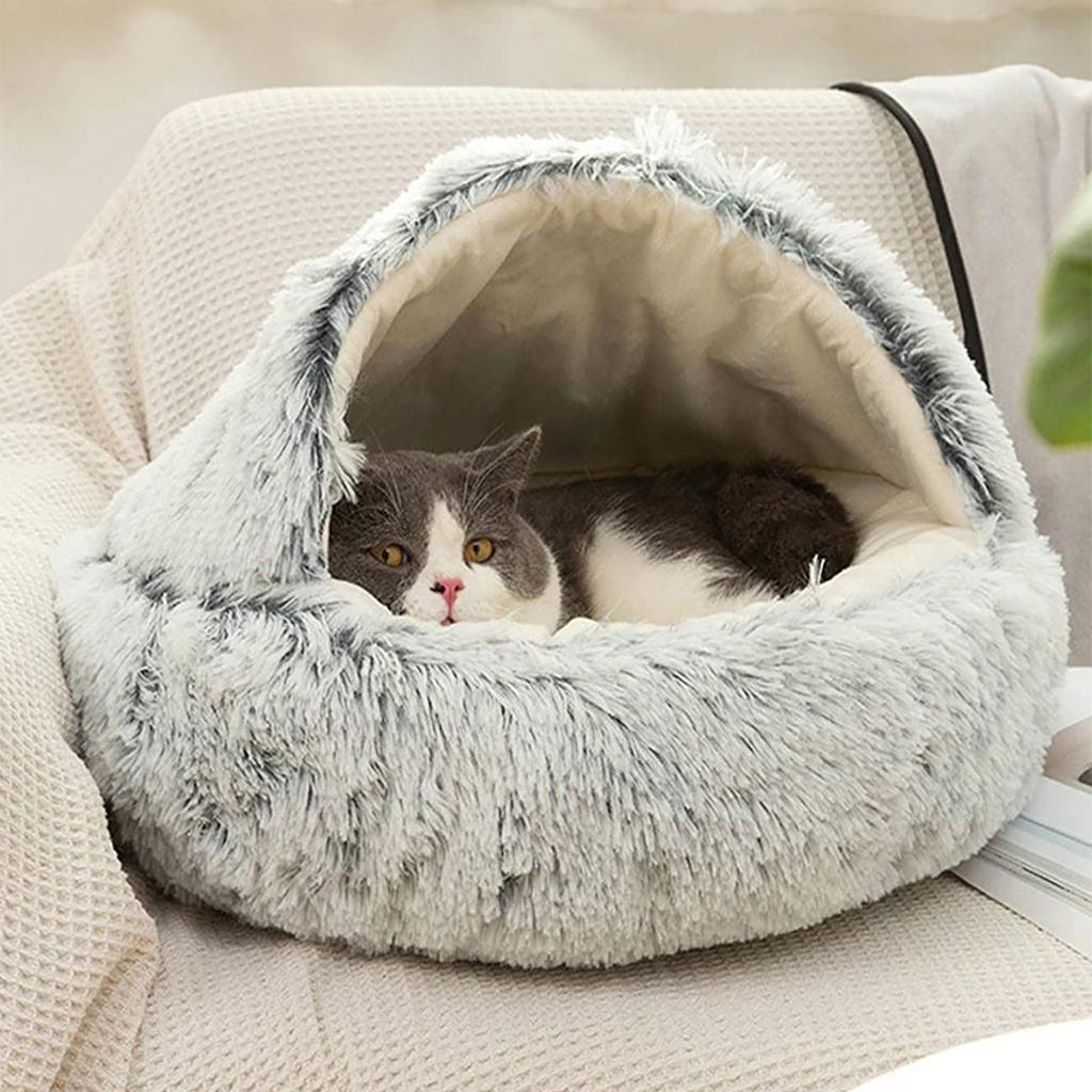 Cat Bed Round Plush Fluffy Hooded Cat Bed Cave Cozy for Indoor Cats or Small Dog Beds Doughnut Calm Anti-nxiety Dog Bed