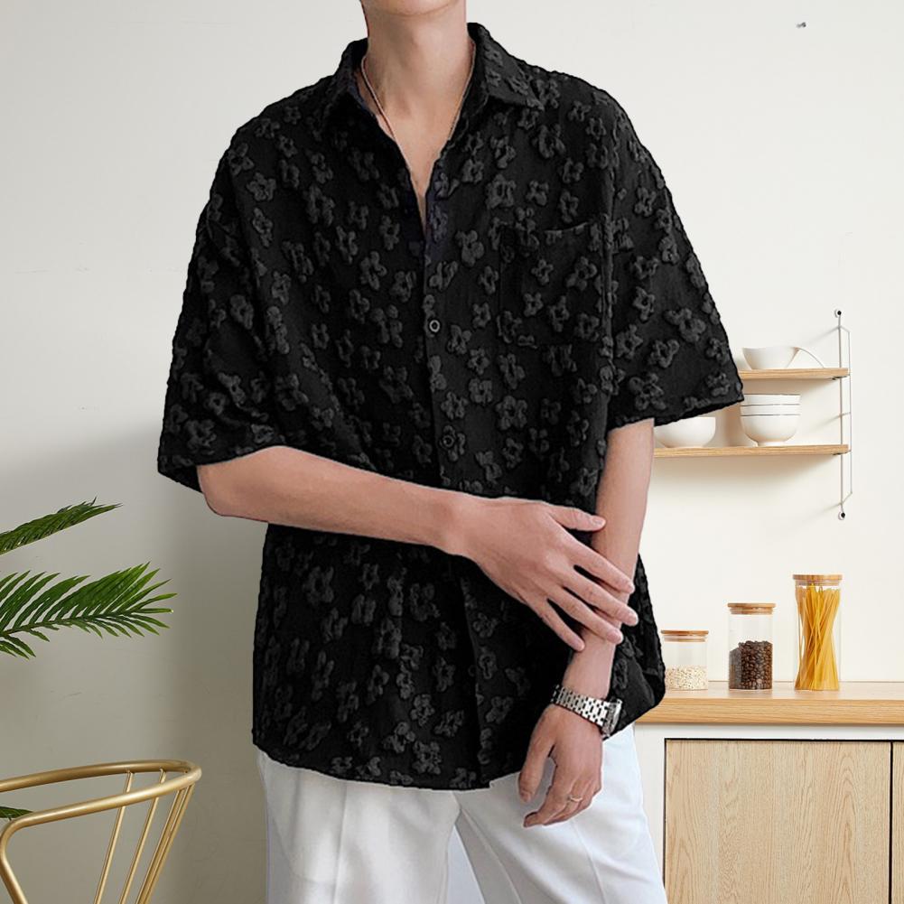 Men Short Sleeve Shirt Turn-down Collar Tee with Embossed Flower Pattern Retro Style Loose T-Shirt for Daily Beach Wedding Offic