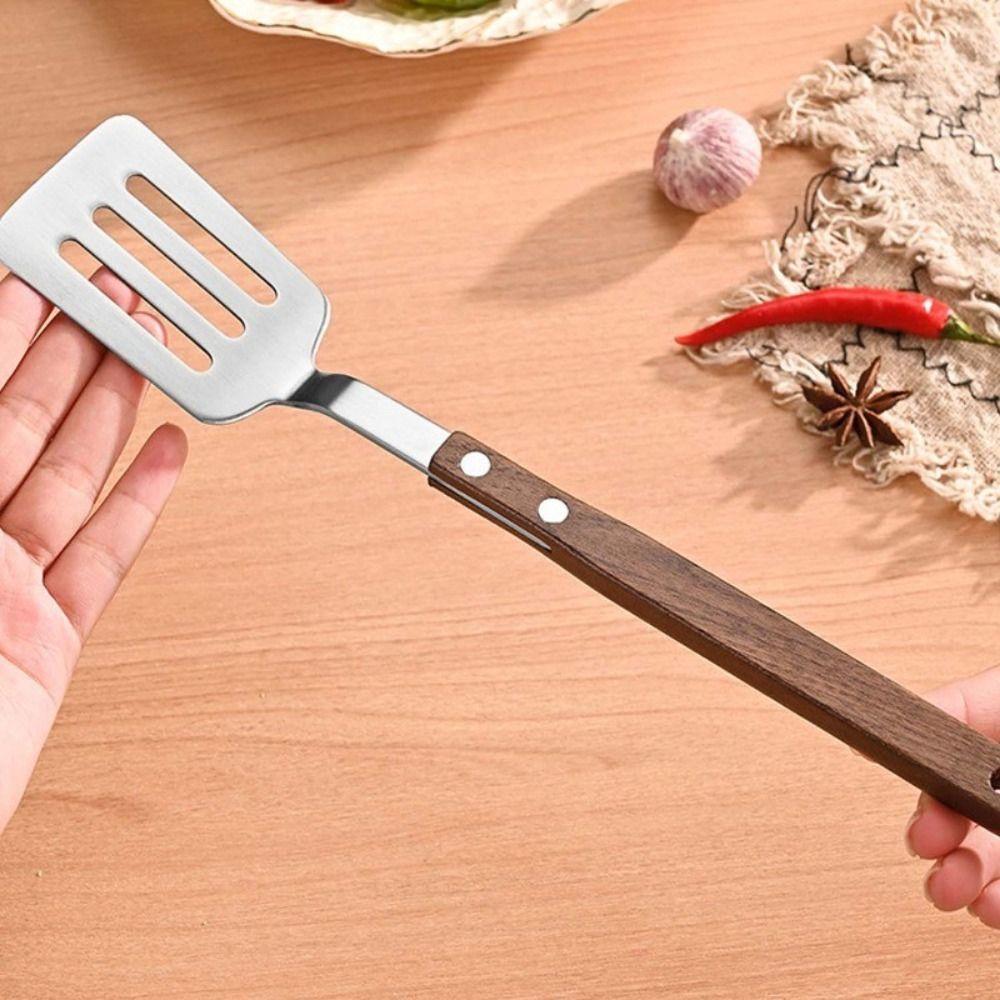 304 Stainless Steel Frying Spatula Walnut Handle Stir-fry Spatula Spatula  Outdoor Kitchen Supplies