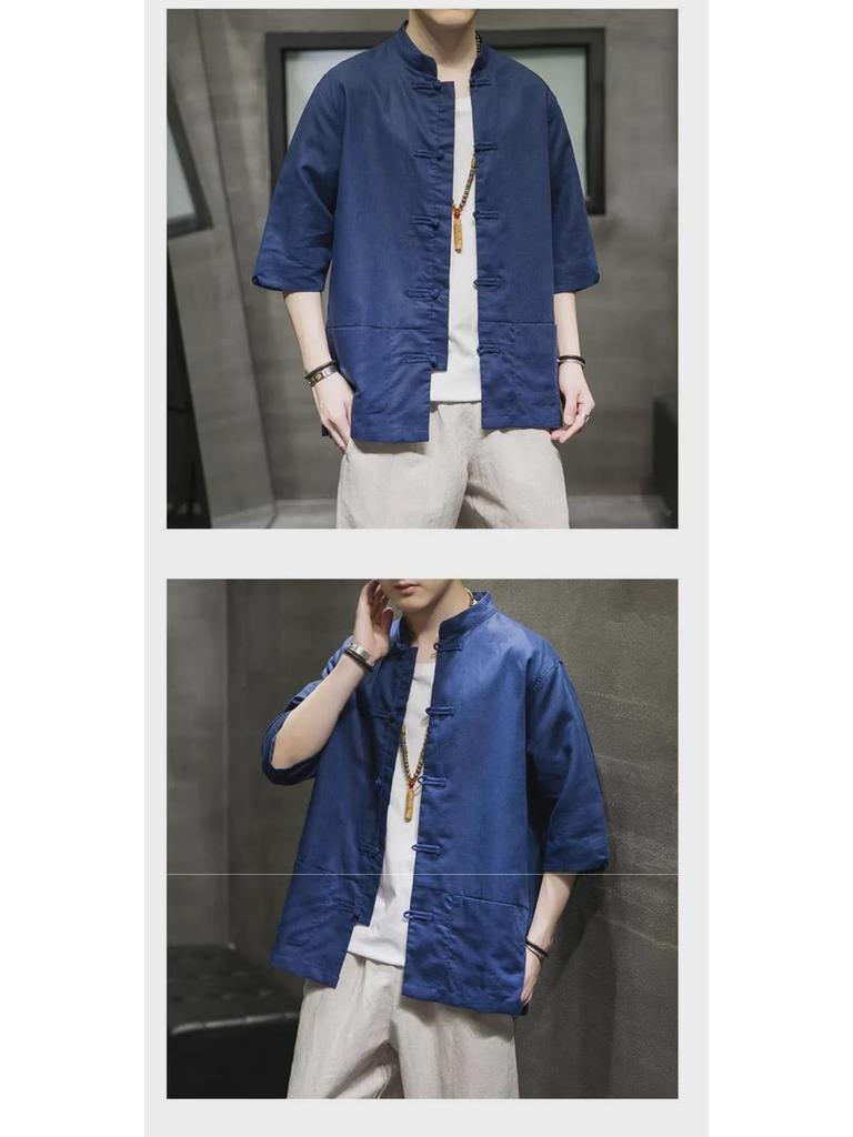 Men's Tang Suit Linen Shirt Jacket - Summer 5-Point Sleeve Button-Up