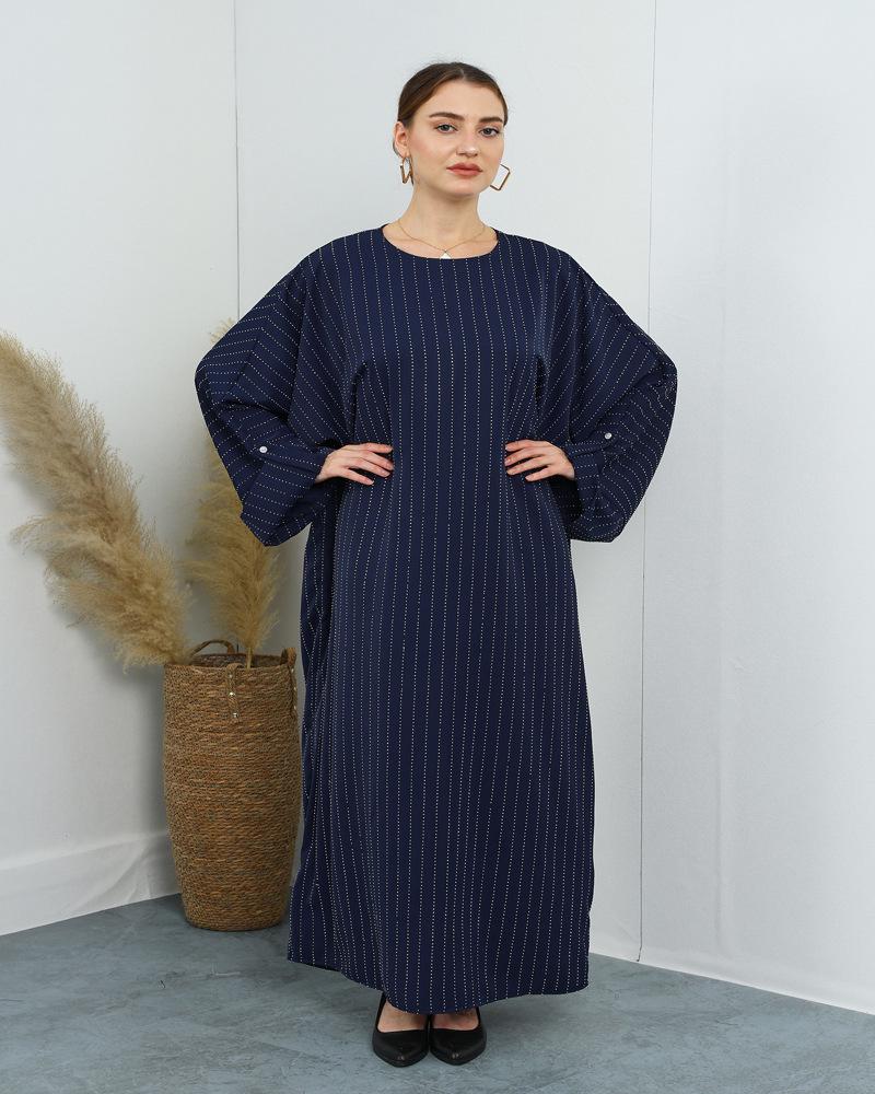 F479 Rhinestone Loose Long Dress with Striped Batwing Sleeves - Fashionable Women's Outerwear