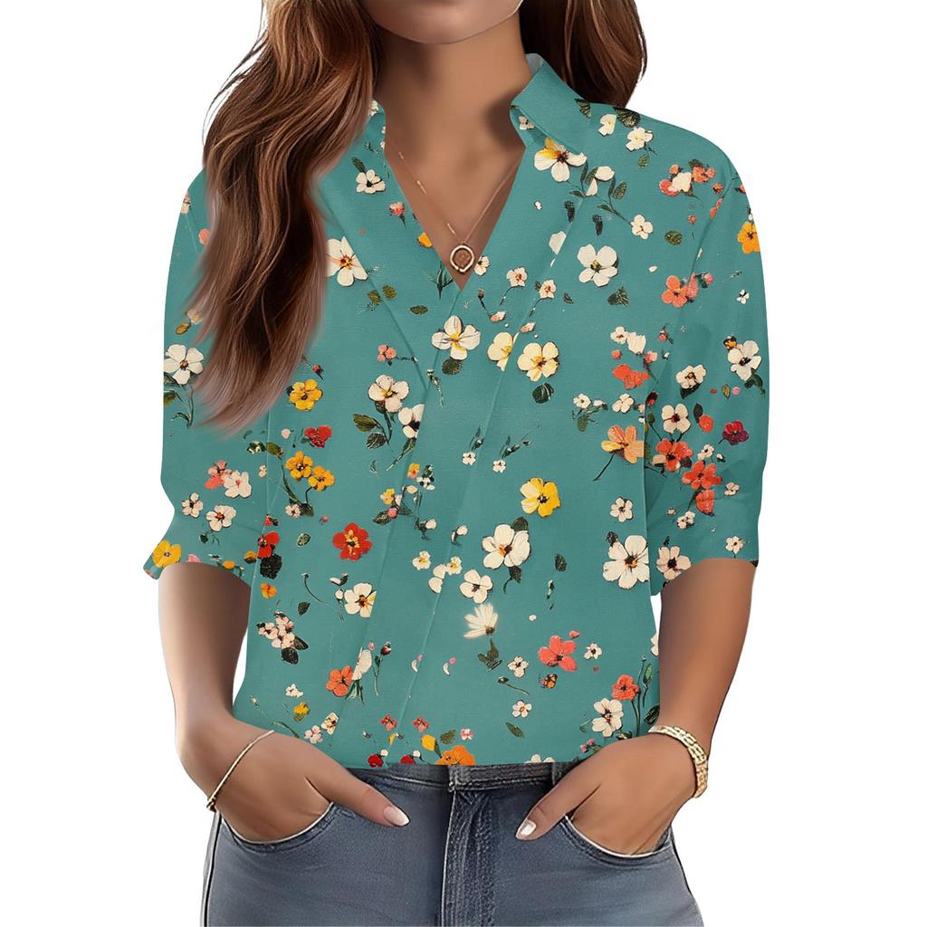 3/4-Ärmel Damenoberteile V-Ausschnitt Shirts Trendy Bedruckte Business Casual Arbeitsblusen