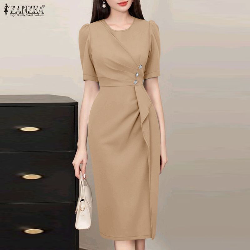 ZANZEA Abito Elegante da Donna Casual, Girocollo, Manica Corta, Slim