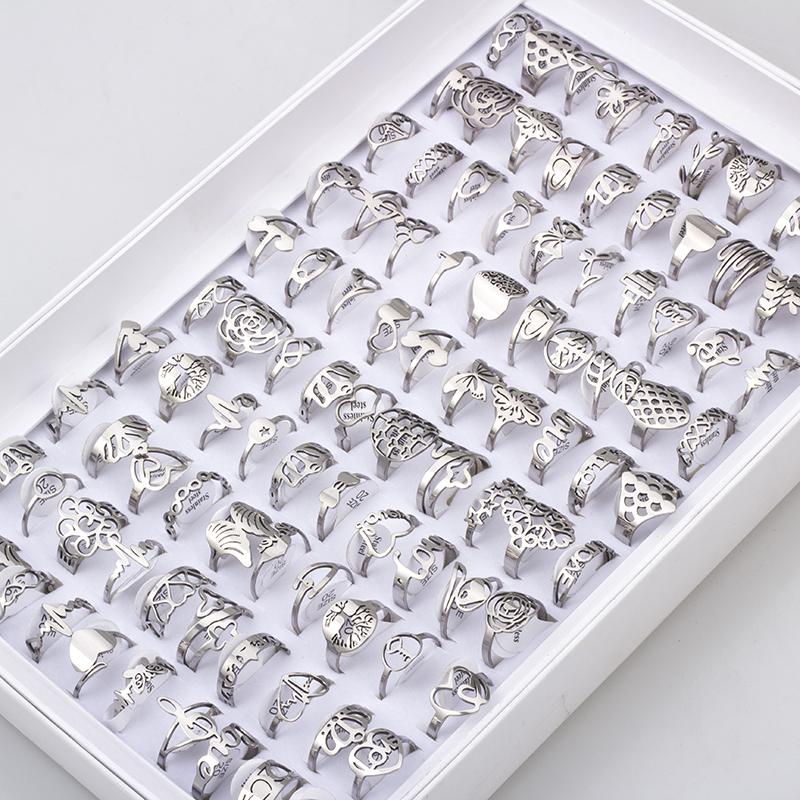 

100 Pieces Stainless Steel Engraved Rings for Men and Women Fashion Charm Jewelry Gift Hollow Flower Finger Rings Lots 16mm&100 PCS (OPP Bag) срібний