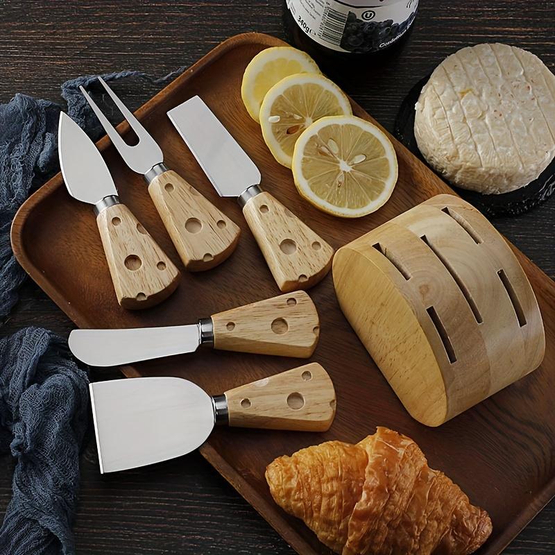 Rubberwood Handle Cheese Knife Set 6PCS Stainless Steel Cheese Cutlery with Wooden Stand