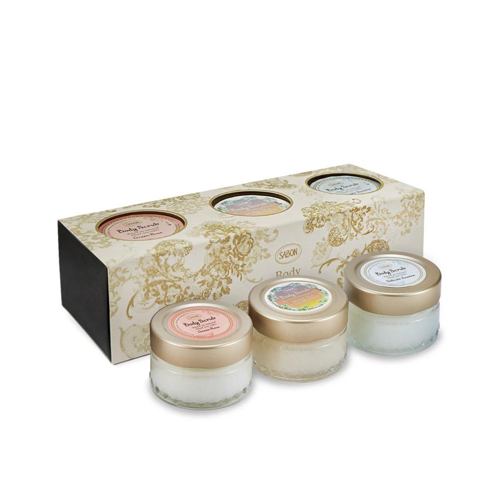 Sabon Sada tělových peelingů 3 typů (Jasmín, Zelená růže, Oslava bílého čaje)