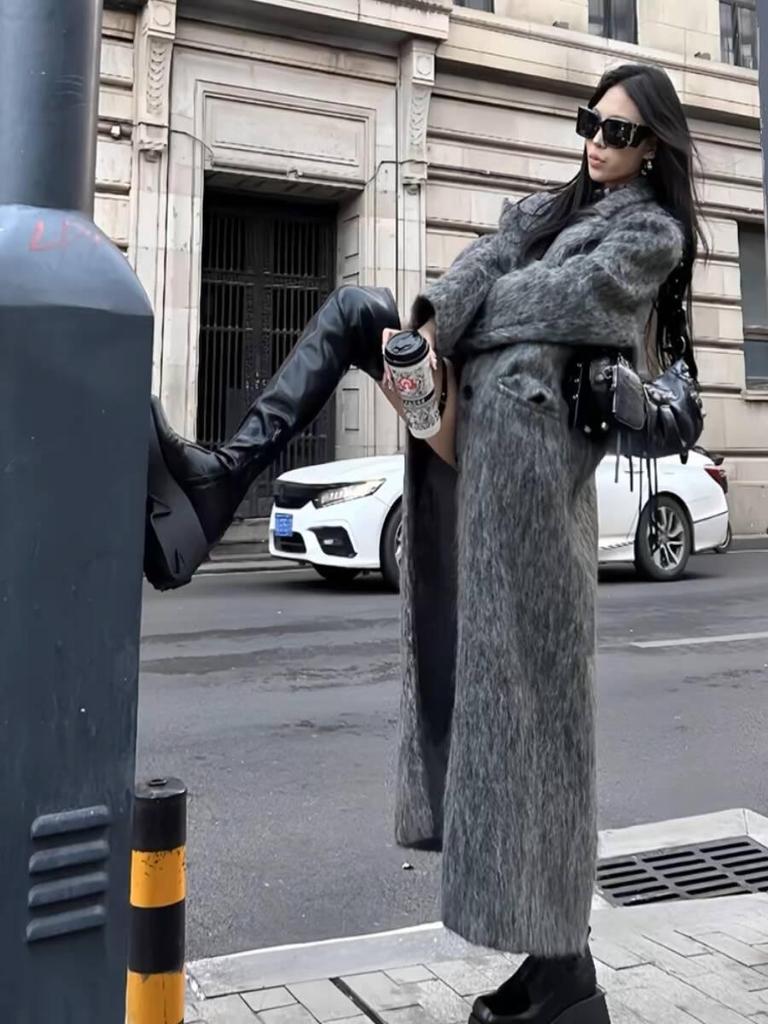 Náladový Nadměrný Korejský Francouzský Hepburn Styl Šedý Dlouhý Vlněný Streetwear Kabát