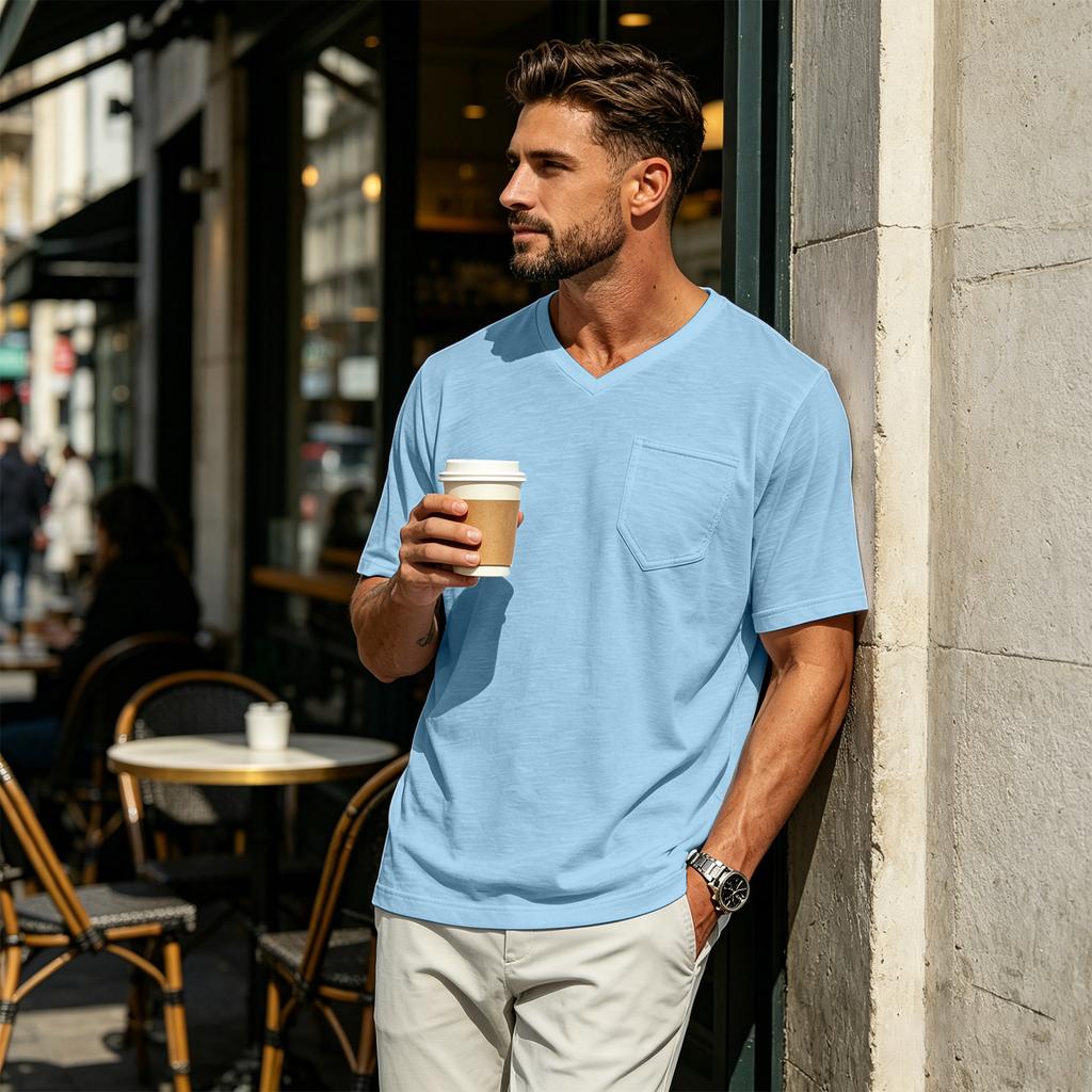 Camicia Casual Leggera a Maniche Corte con Scollo a V da Uomo con Tasca polo da uomo camicie da golf da uomo t-shirt camicie da uomo