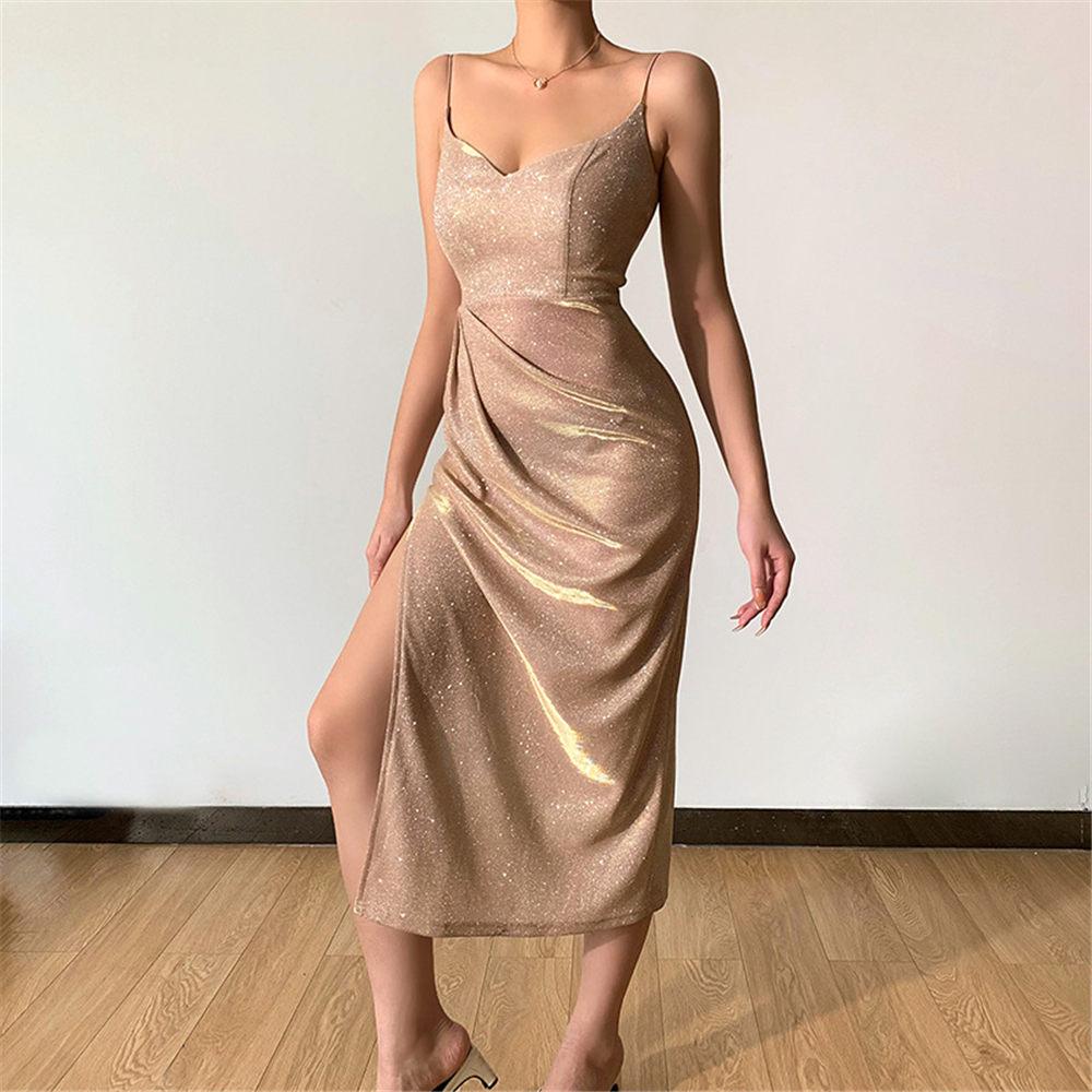 Women Sexy Glitter Sequins Dress Elegant High Slit Spaghetti Straps Bridesmaid Dress for Party Gown Evening Prom