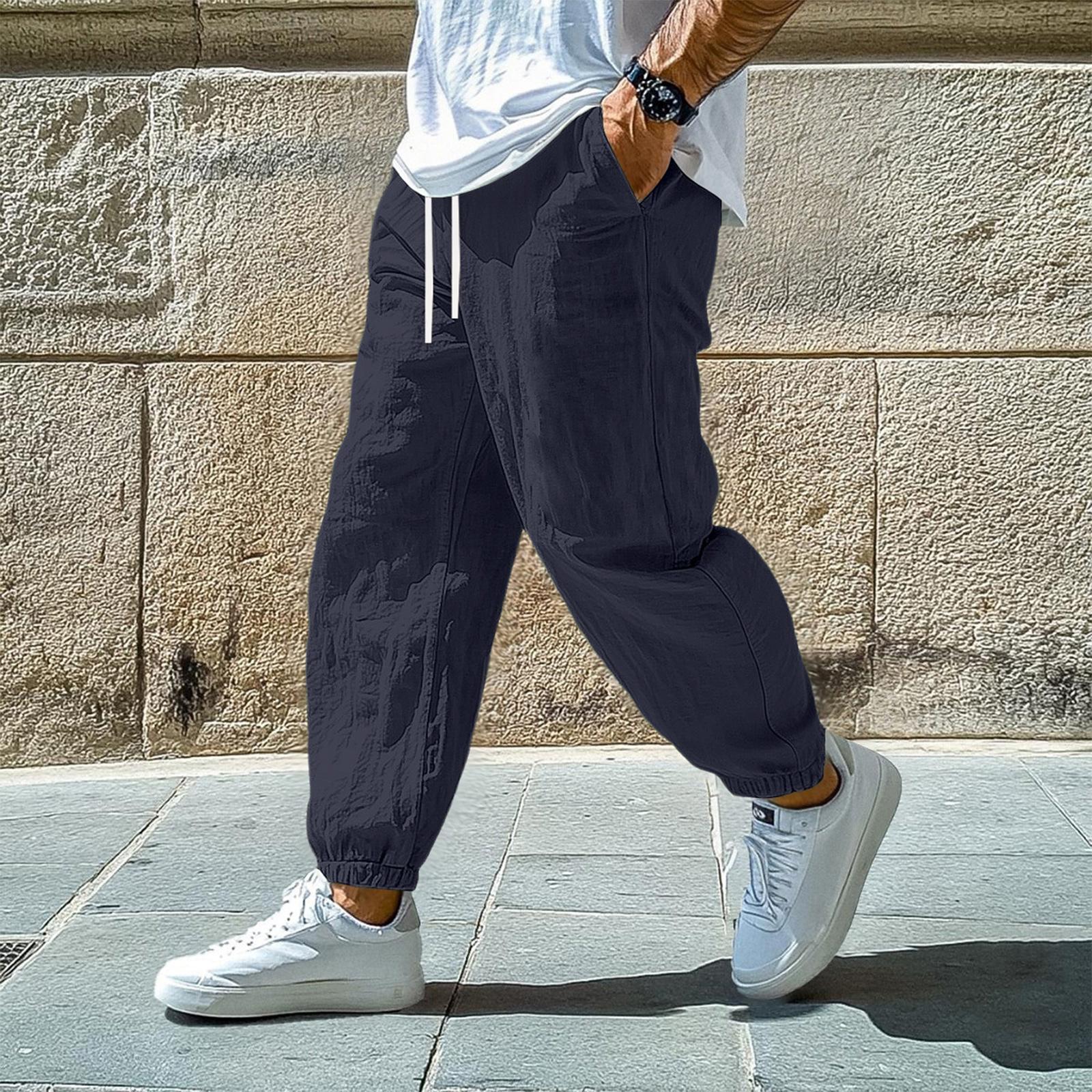 

Мужские повседневные брюки из льняной ткани с эластаном, свободного кроя, с эластичным поясом и манжетами L тёмно-синий