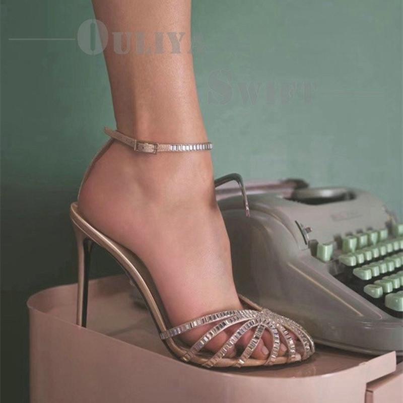 French Design Hollow Heels Women'S 2025 Summer Rhinestone Bag And One-Line Buckle Stiletto Sandals