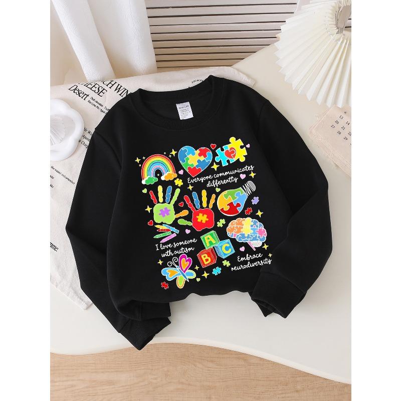 European sizes Girls' Soft Crewneck Sweatshirt Autism Awareness Neurodiversity Puzzle Heart Print, Casual All-Match, Ideal Holiday Present