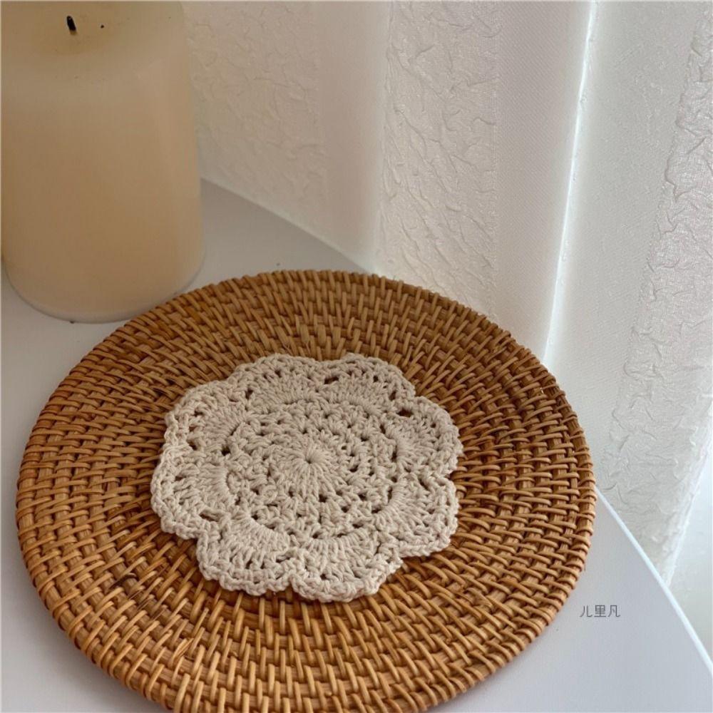 2/4Pcs Knitted Texture Lace Floral Coasters Vintage Round Woven Placemats Wedding Party
