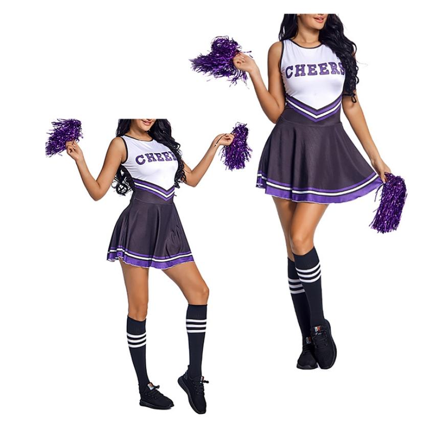 

Женская форма для черлидинга, танцевальный костюм, наряд для косплея школьницы, платье без рукавов с буквенным принтом и носками, веселящий цветок M темно-фиолетового