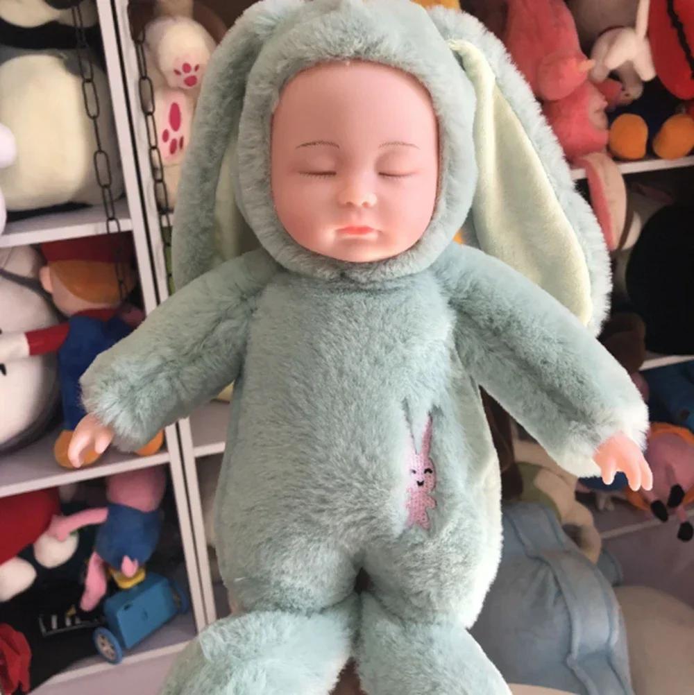 Soft Body Baby Doll Cute Sleeping Baby Dolls with Bunny Clothes Stuffed Toy Rabbit Animated Plush Plushie Birthday Gift for Kids