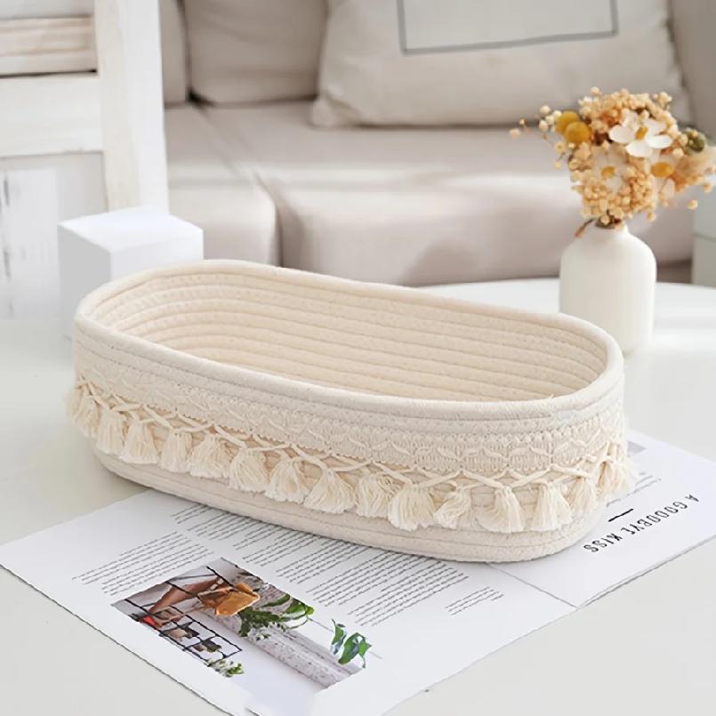 1PC Boho Chic White/Khaki Rectangular Tassel Storage Basket Polyester Rope Organizer with Open Top for Living Room Bedroom Bathroom