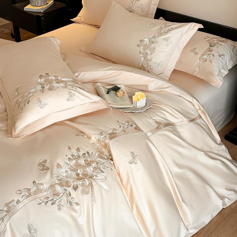 100% Cotton Luxury Rose Flowers Embroidery Bedding Queen King Size Duvet Cover Set Flat/Fitted Bed Sheet Pillowcases 4Pcs