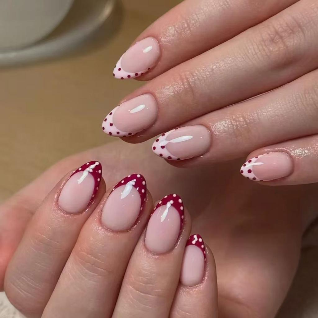 24pcs French Round Head Fake Nail with Almond Design Wearable Polka Dot Rainbow False Nails Press on Detachable Finger Nail Set