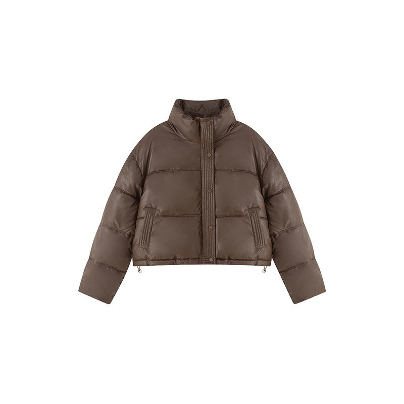 Women Autumn Winter Short Solid Color PU Leather Thicken Outwear Loose Cotton Padded Stand Collar Warm Jacket Coat