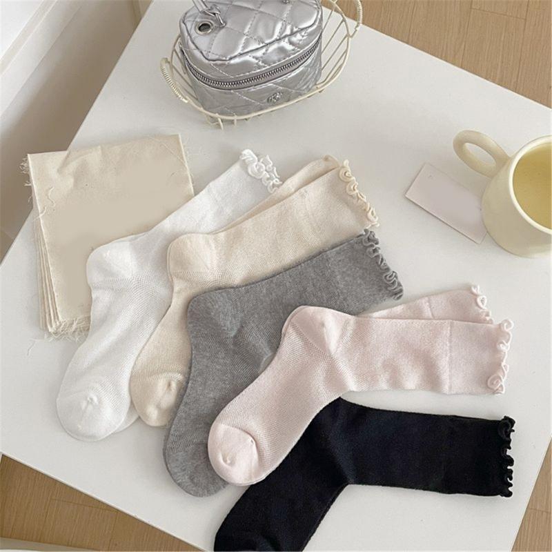 Elegant Hollow Out Breathable Mesh Middle Calf Socks Seamless Cotton Solid Color Ruffle Turn Cuff Crew Socks for Women