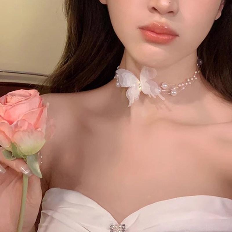 Romantische Vlinder Parel Strik Strikketting Dames Luxe Zijden Lint Zoete Chokers Sleutelbeenketting Temperament Sieraden Cadeau Feest
