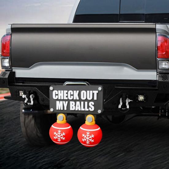 Funny Check Out My Balls Christmas Hitch Cover Novelty 3D Truck Trailer Hitch Cover Shaking Christmas Ball Decoration Gag Gifts for 2 X 2-inch Square