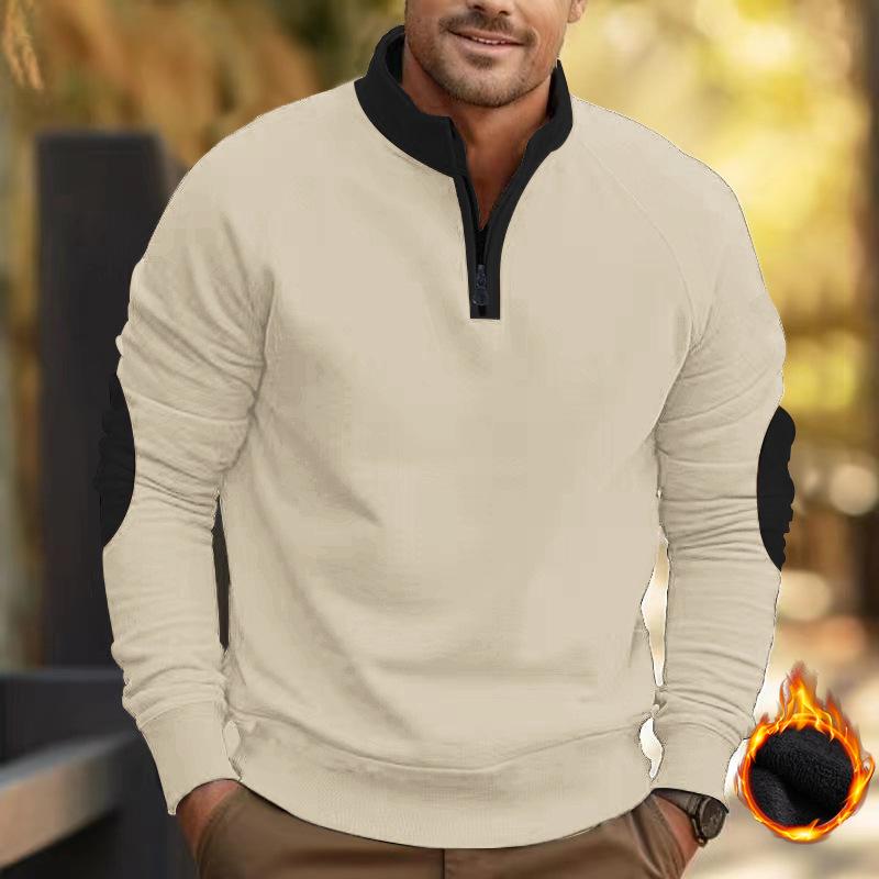 Color-Block Velvet Stand-Up Collar Pullover: Autumn/Winter Loose Casual Long-Sleeve Half-Zip Jacket